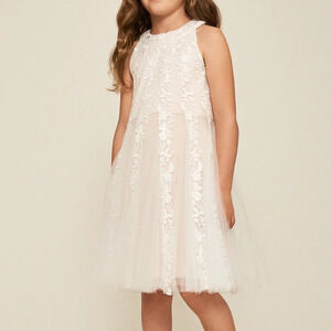 Tadashi Shoji Nissita Lace Tulle Dress Girl Size 6 Ivory/Blush